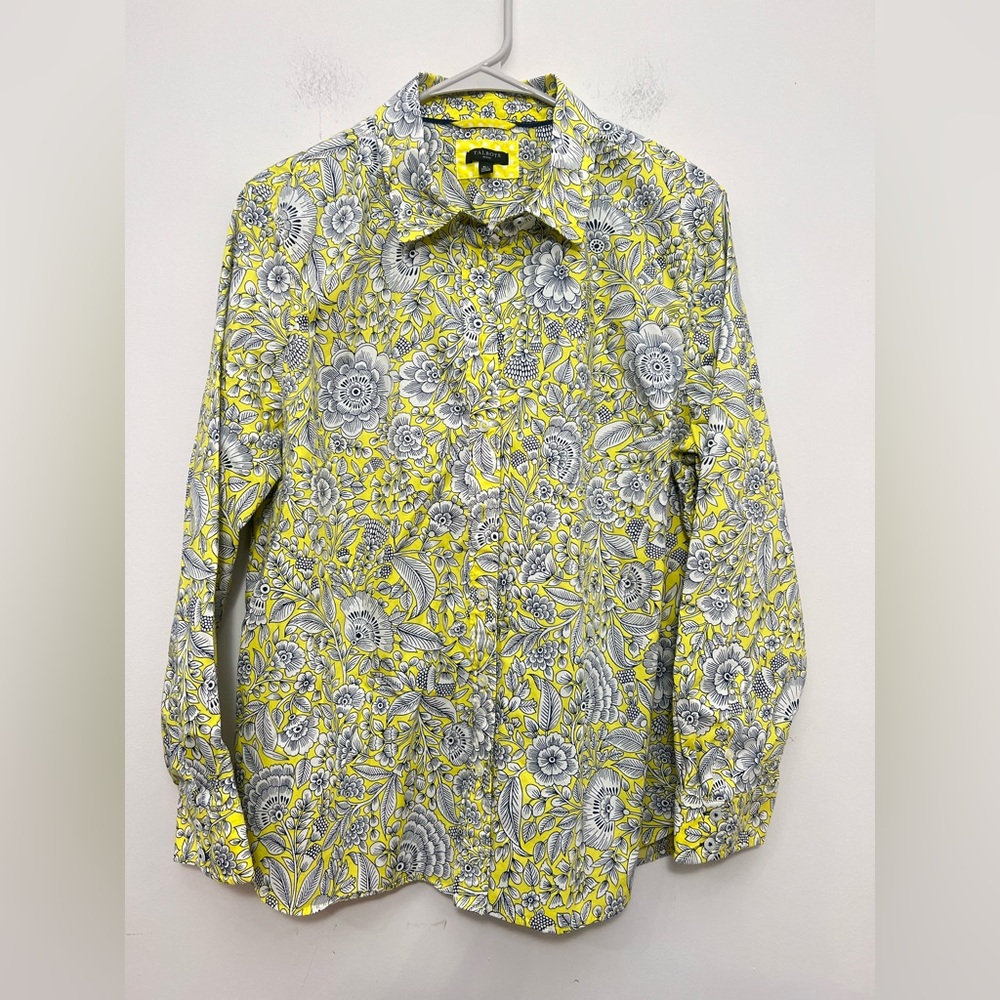 Talbots Yellow and Black Floral Button-Front Blouse